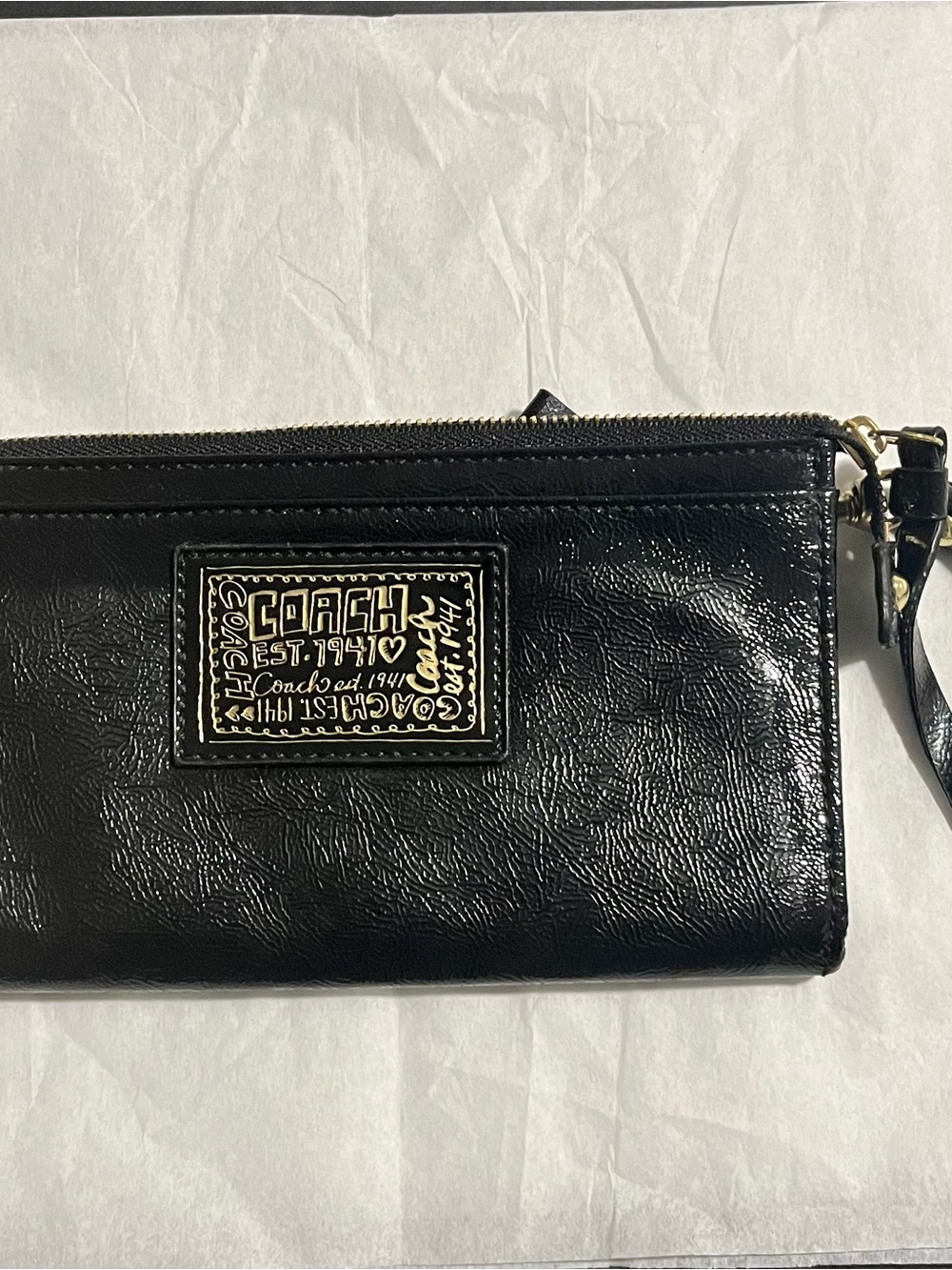 Coach Black Patent Leather Wristlet with Gold Plaque Accent